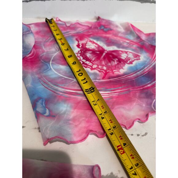 Shein NWT Mesh Long Sleeve Butterfly Print Top Pink Blue Y2K Aesthetic Medium - Picture 7 of 8